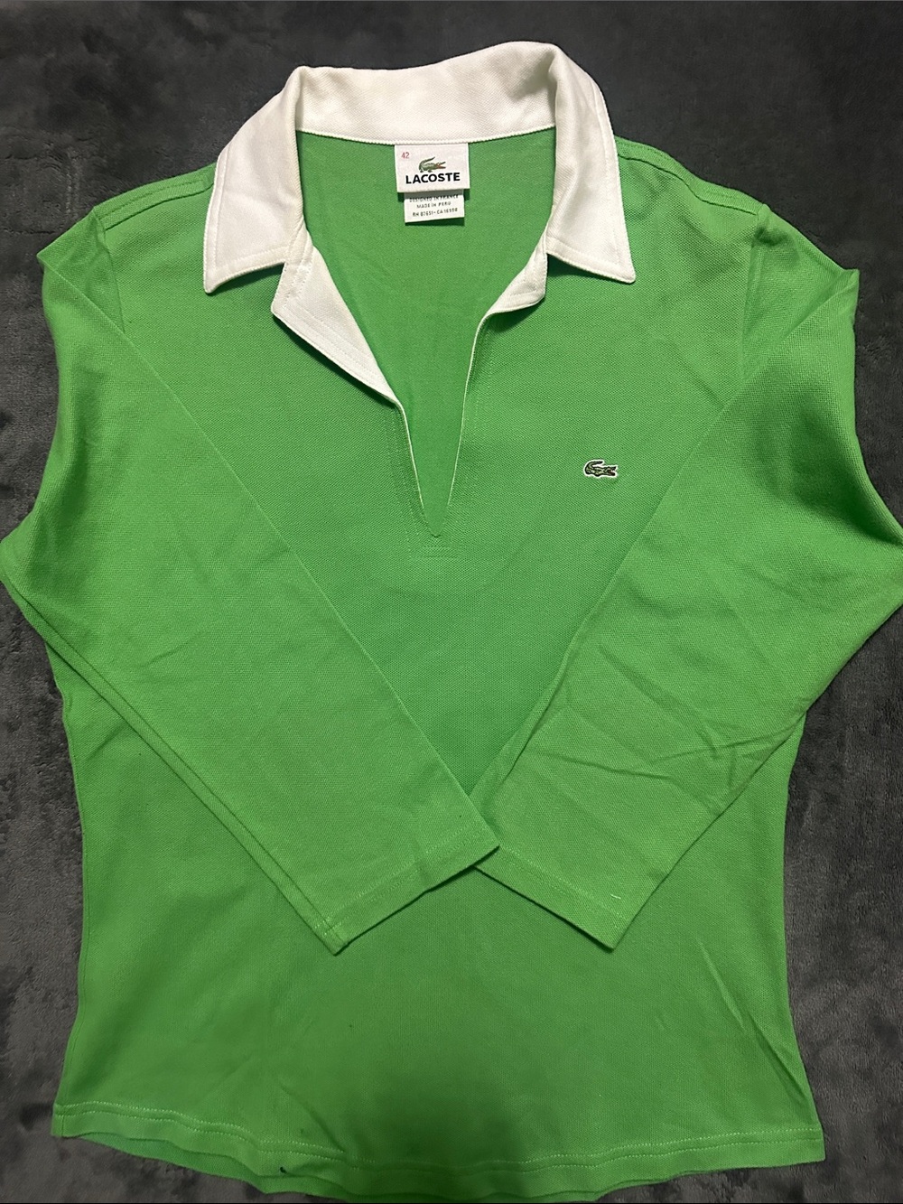 Vintage Lacoste Women's Green V-Neck Polo long sleeve with White Collar 42 (L)